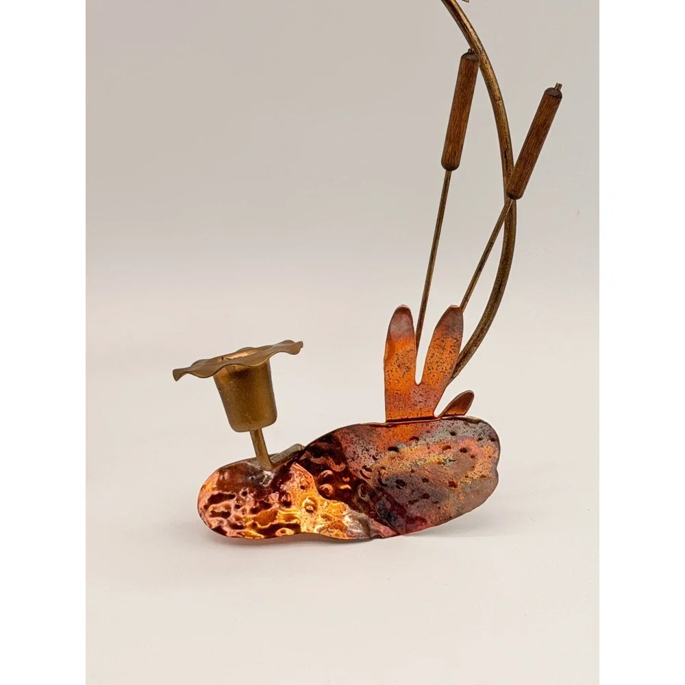 Vintage Brutalist Brass Copper Flying Geese Cattails Candle Holder Set Pair MCM